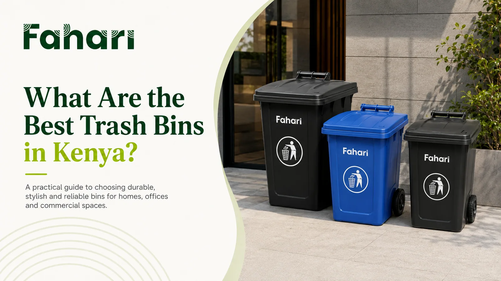 Fahari Tidy wheeled plastic trash bins with hinged lids in black and blue, in different sizes, standing outside a modern building in Kenya