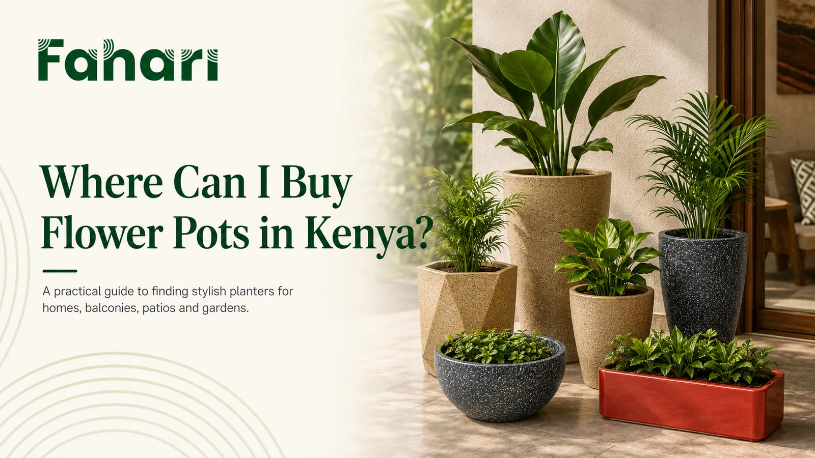 A collection of Fahari flower pots and planters in cone, rectangular, half-sphere and hexagon shapes arranged on a patio with green plants