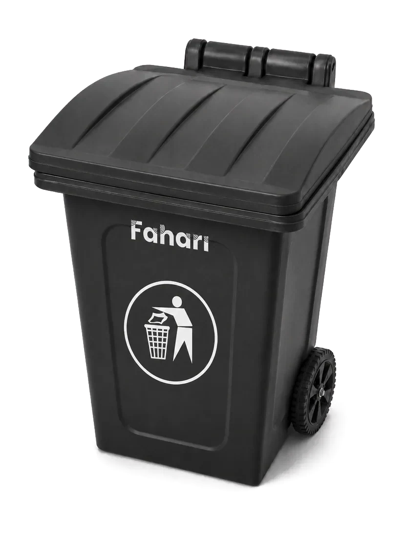 Fahari 240 litre waste bin in charcoal, on two wheels with a ribbed hinged lid