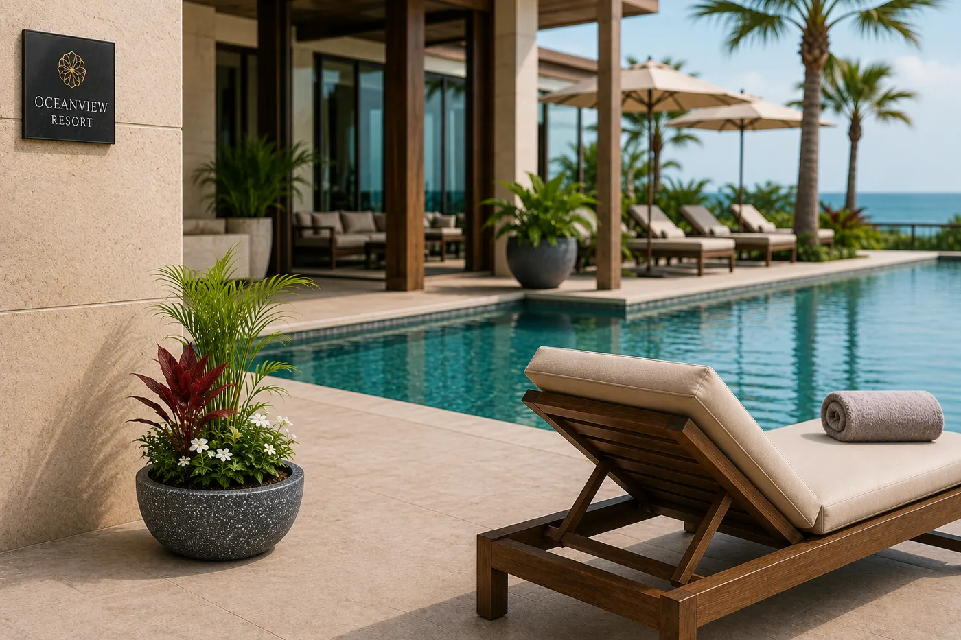A charcoal Fahari Half Sphere planter beside a poolside terrace, planted with red and white flowers by a sun lounger